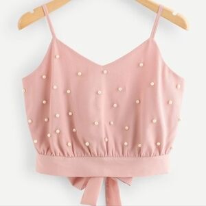 SHEIN baby pink pearl embellished sleeveless cropped cami tank top